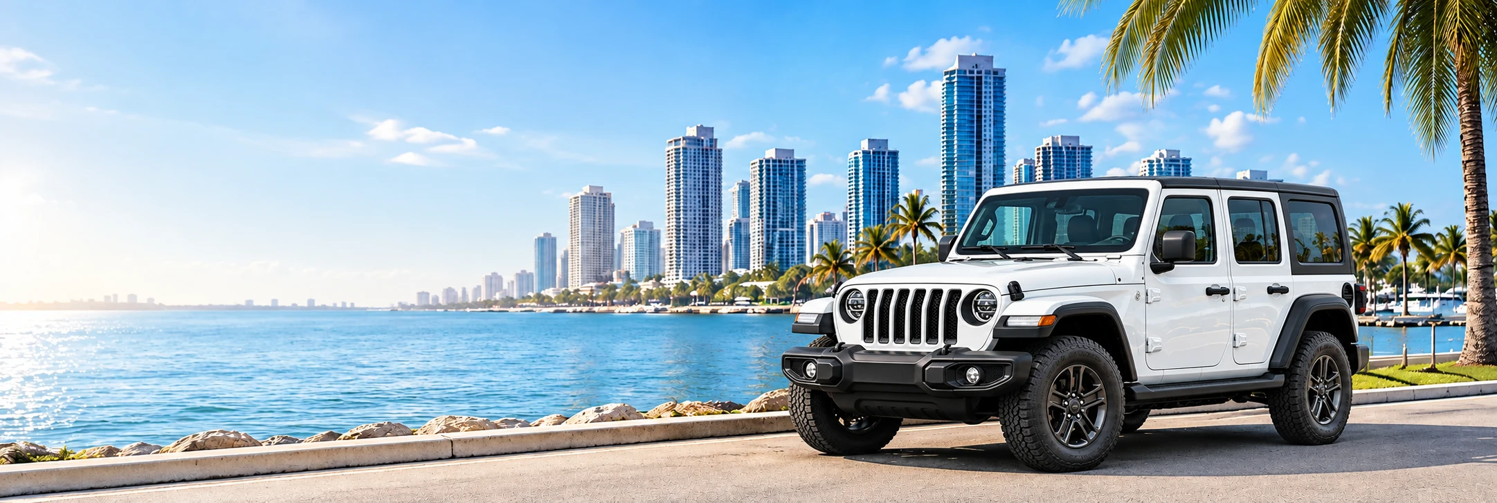 Jeep Wrangler blanco junto a la costa de Florida